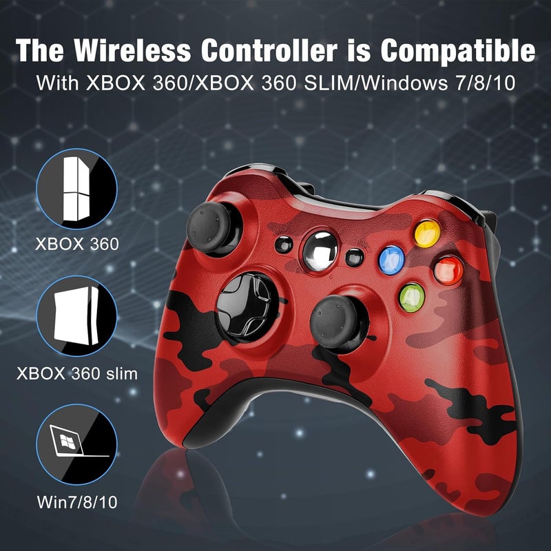 BUERTT Store وحدة تحكم لاسلكية لجهاز Xbox 360، وحدة تحكم ألعاب جويستيك بتردد 2.4GHZ لجهاز Xbox 360 و Slim و PC بنظام Windows 7/8/10، بدون مدخل صوت، لون كامو أحمر - Image 2